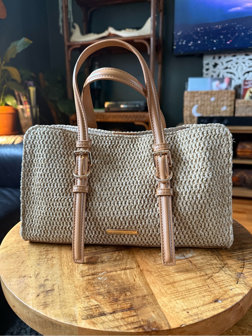 Rachel Zoe cream & tan woven straw tote bag